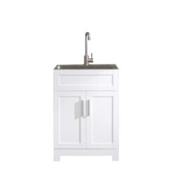 Huluwat White Laundry Tub Cabinet with Single Stainless Steel Drop-in Laundry/Utility Sink and Stainless Steel Faucet Combo