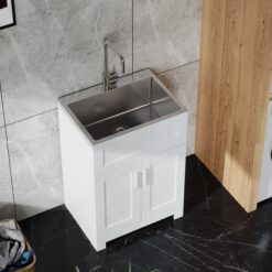 Huluwat White Laundry Tub Cabinet with Single Stainless Steel Drop-in Laundry/Utility Sink and Stainless Steel Faucet Combo