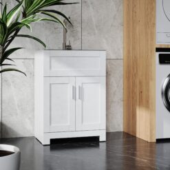 Huluwat White Laundry Tub Cabinet with Single Stainless Steel Drop-in Laundry/Utility Sink and Stainless Steel Faucet Combo