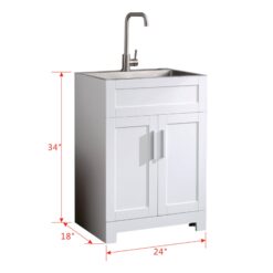 Huluwat White Laundry Tub Cabinet with Single Stainless Steel Drop-in Laundry/Utility Sink and Stainless Steel Faucet Combo