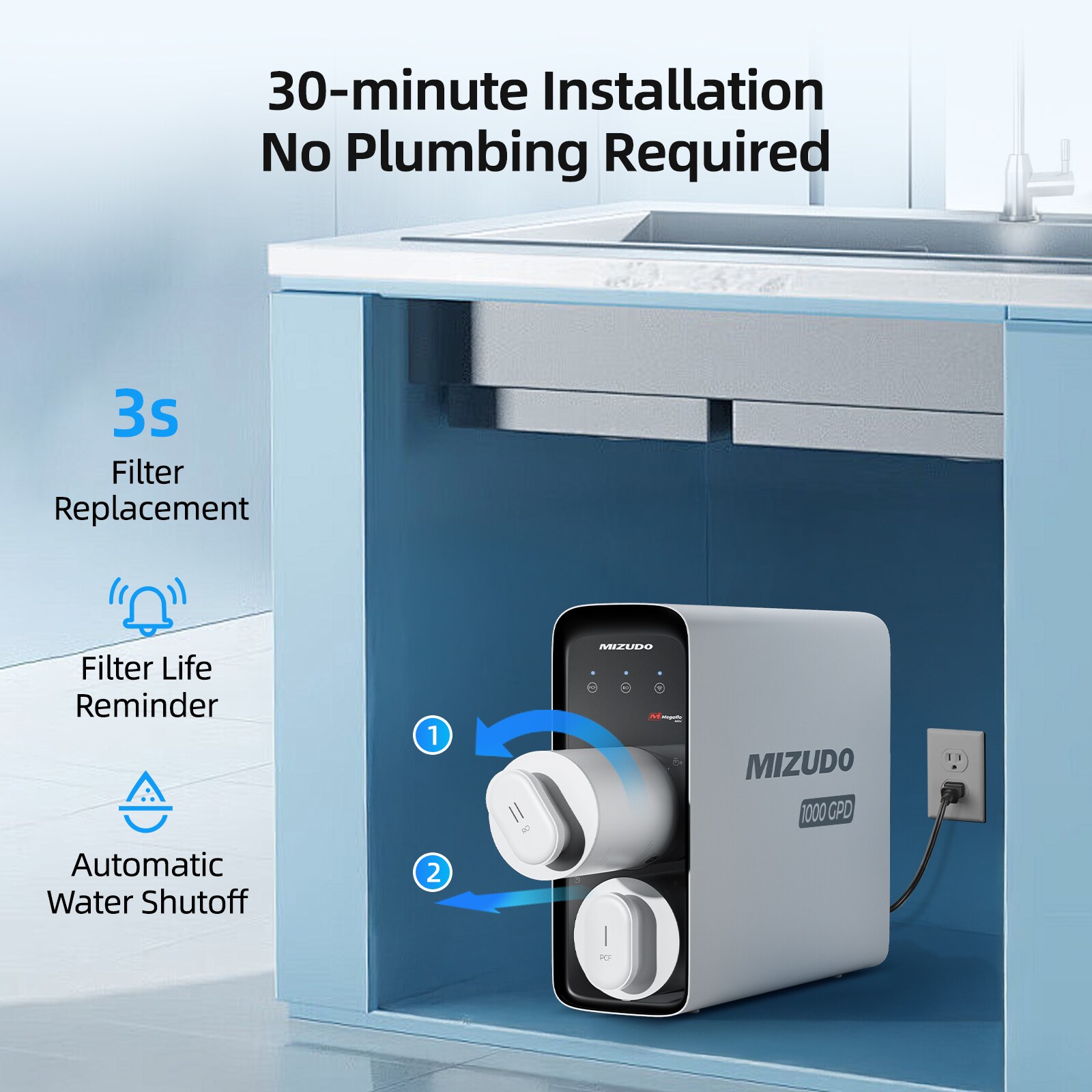 Mizudo Megaflo Mini 1000GPD Activated carbon Reverse Osmosis Filtration Under Sink Water Filtration System with stainless steel Faucet