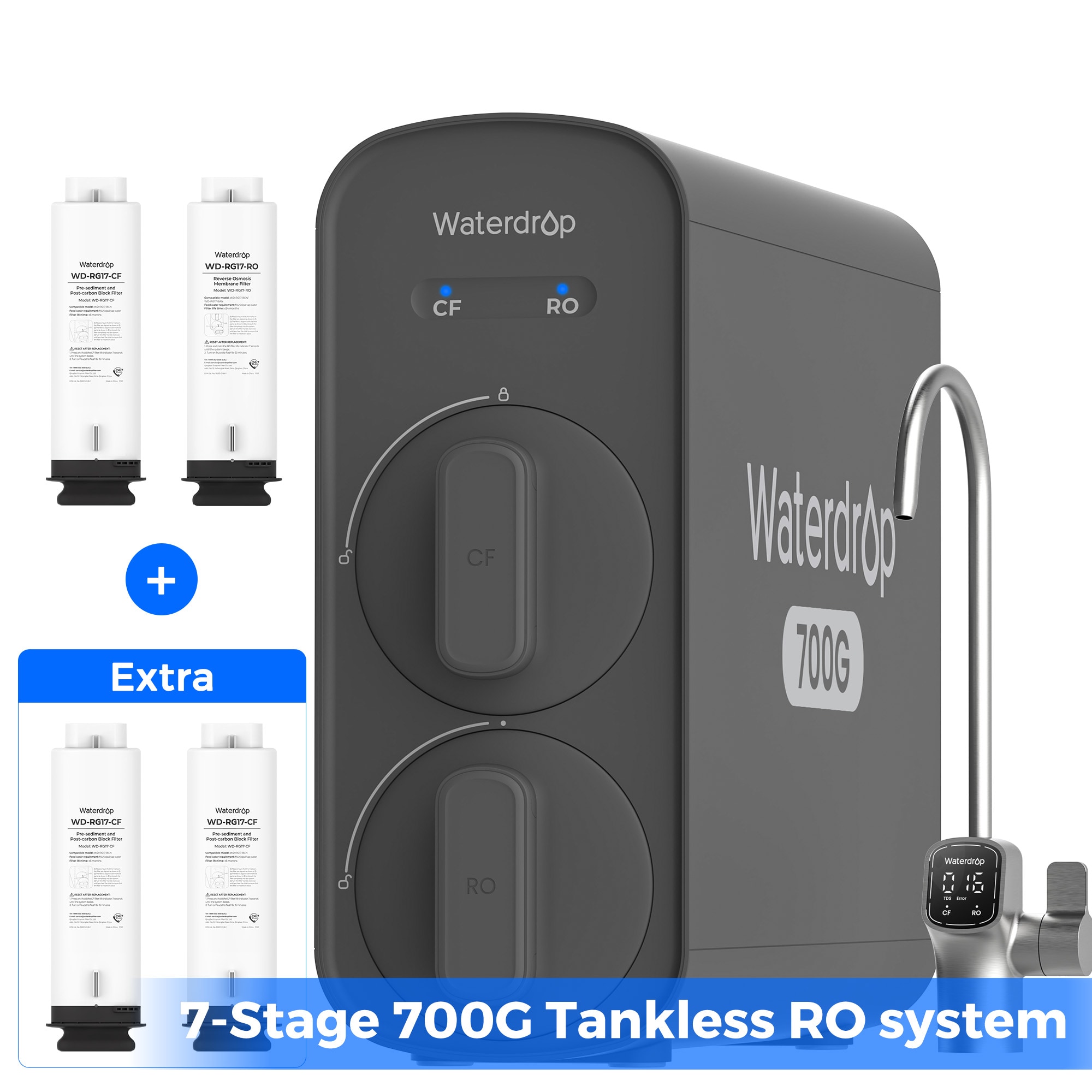 Waterdrop 7-stage G5P700 with Composite/Activated carbon Reverse Osmosis Filtration Under Sink Water Filtration System with 2:1 Pure to Drain Stainless Steel faucet Faucet