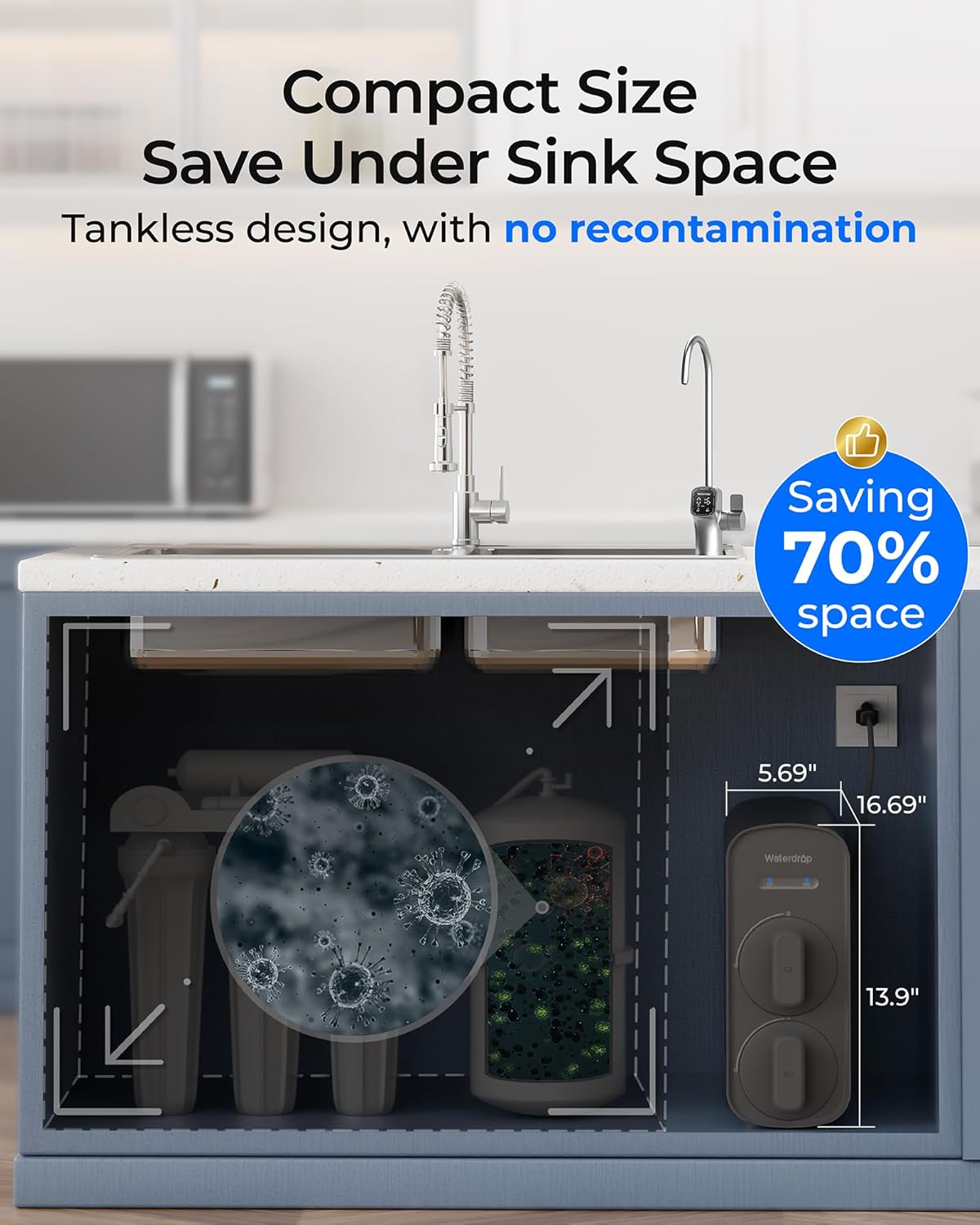 Waterdrop 7-stage G5P700 with Composite/Activated carbon Reverse Osmosis Filtration Under Sink Water Filtration System with 2:1 Pure to Drain Stainless Steel faucet Faucet