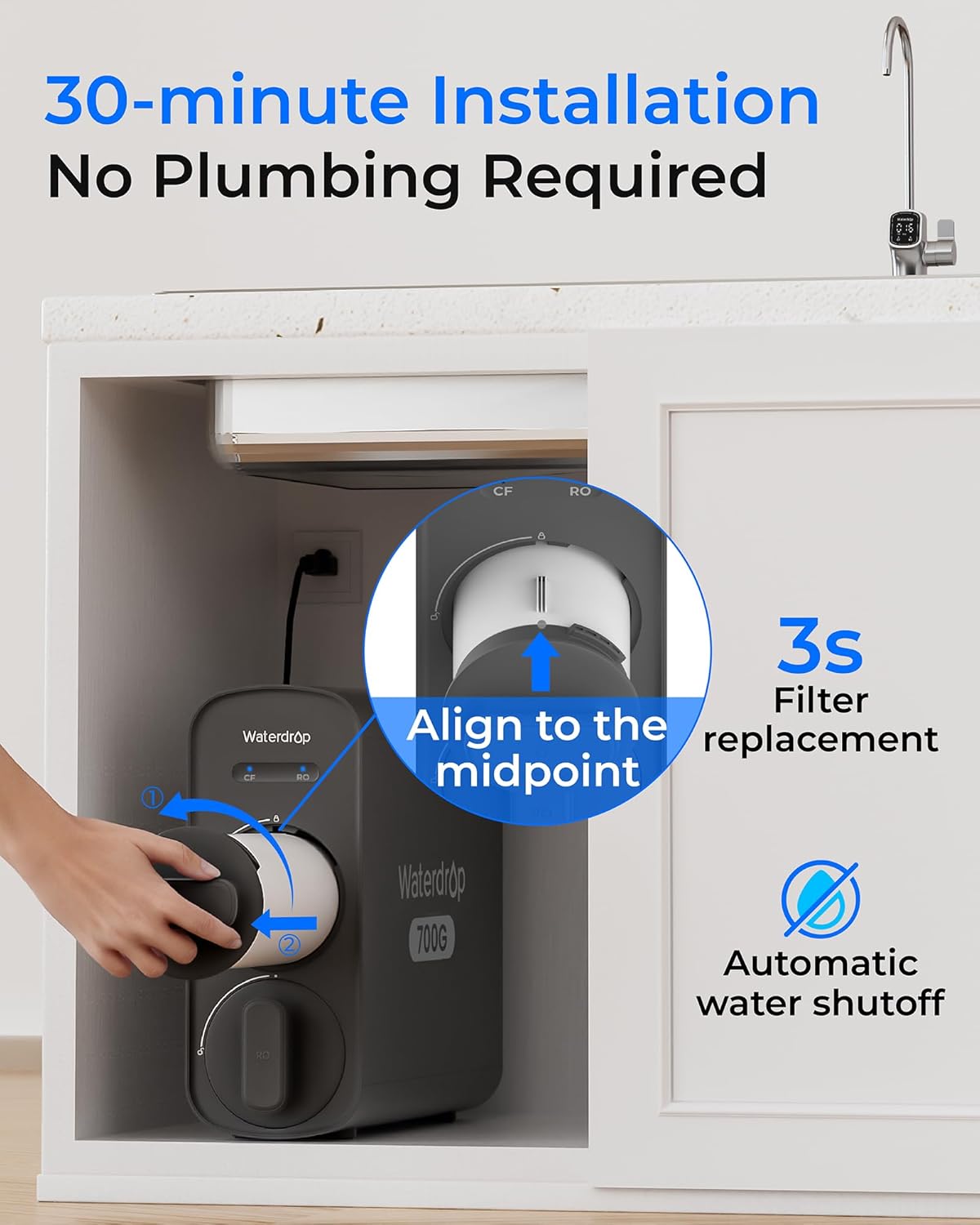 Waterdrop 7-stage G5P700 with Composite/Activated carbon Reverse Osmosis Filtration Under Sink Water Filtration System with 2:1 Pure to Drain Stainless Steel faucet Faucet
