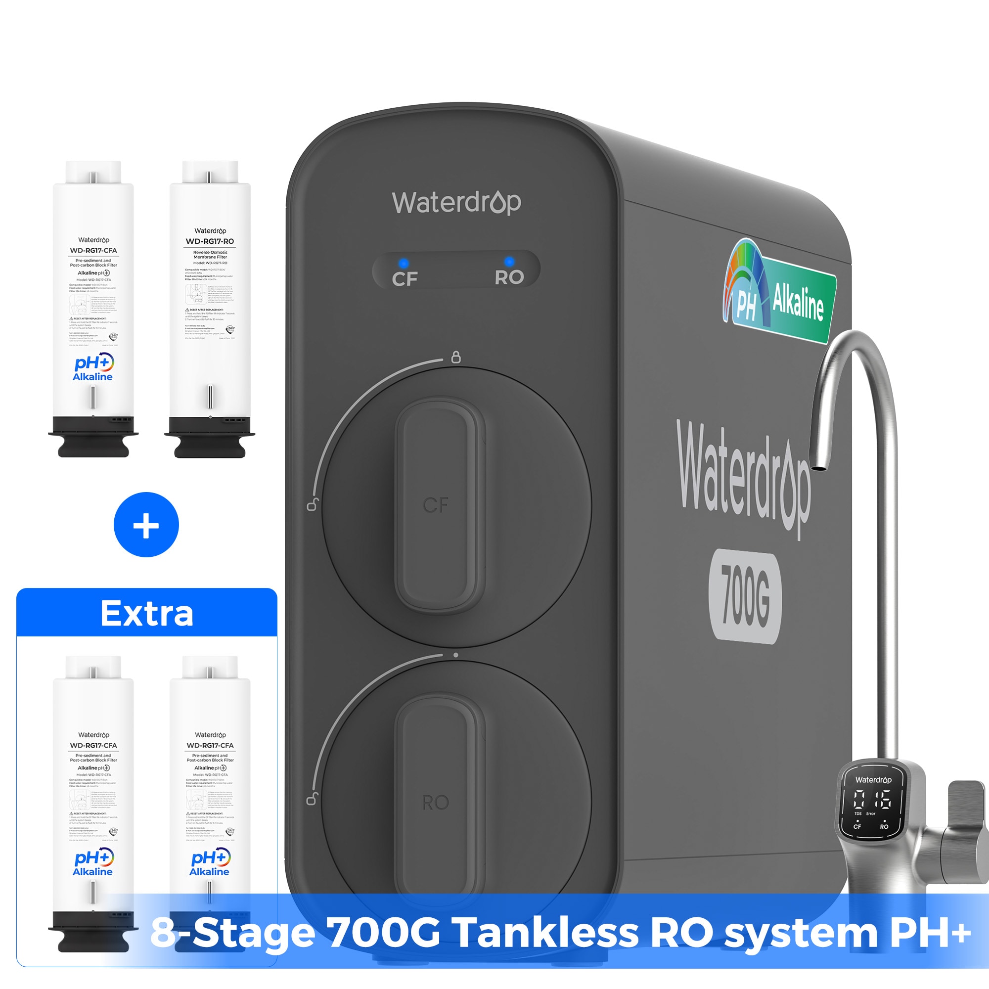 Waterdrop 8-stage G5P700A with Composite/Activated carbon Reverse Osmosis Filtration Under Sink Water Filtration System with Alkaline Mineral Stainless Steel faucet Faucet