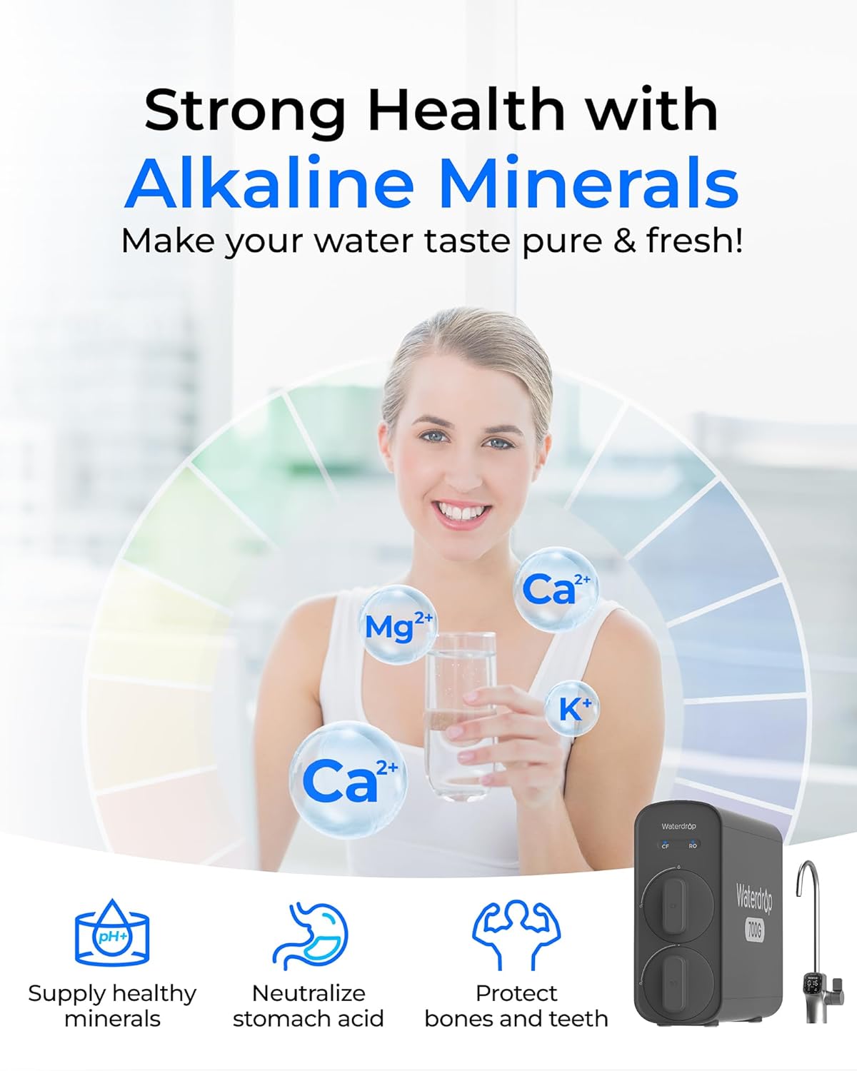Waterdrop 8-stage G5P700A with Composite/Activated carbon Reverse Osmosis Filtration Under Sink Water Filtration System with Alkaline Mineral Stainless Steel faucet Faucet