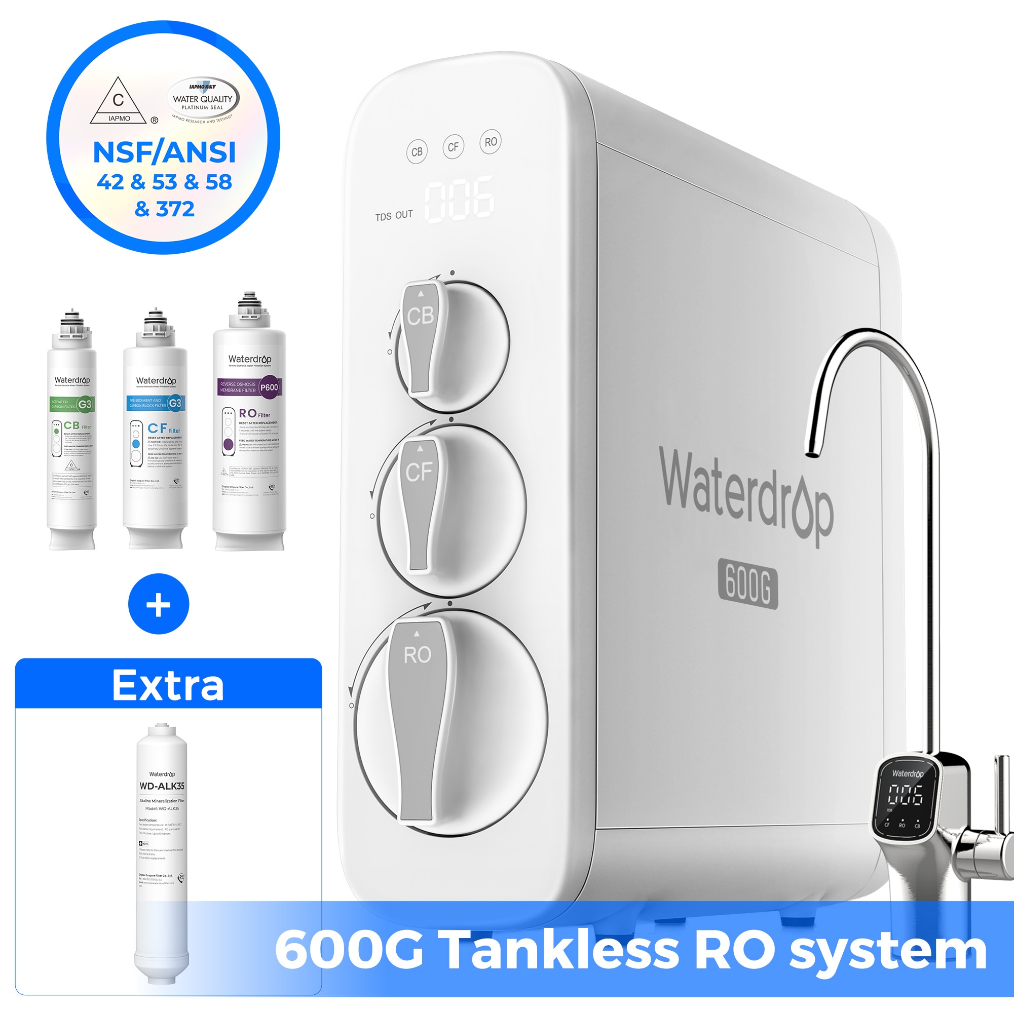 Waterdrop 8-stage G3P600 with ALK35 Composite/Activated carbon Reverse Osmosis Filtration Under Sink Water Filtration System with LED Purifier Stainless Steel Smart faucet Faucet