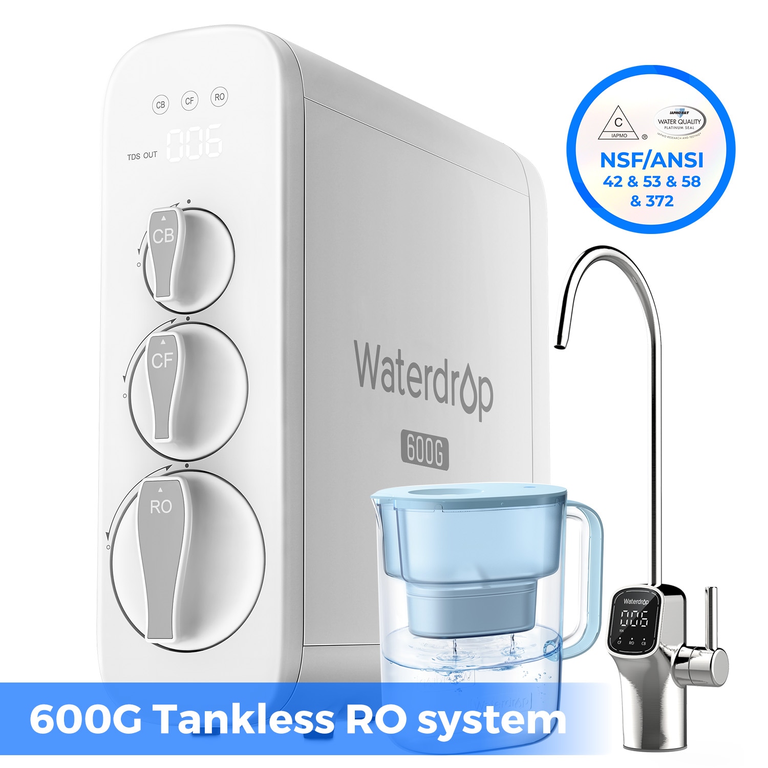 Waterdrop 8-stage G3P600 with PT Pitcher Composite/Activated carbon Reverse Osmosis Filtration Under Sink Water Filtration System with LED Purifier Stainless Steel Smart faucet Faucet