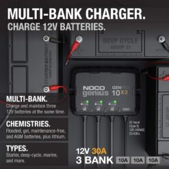 NOCO Genius GENPRO10X3, 3-Bank, 30A (10A/Bank) Smart Marine Battery Charger, 12V Waterproof Onboard Boat Charger, Battery Maintainer and Desulfator for AGM, Lithium (LiFePO4) and Deep-Cycle Batteries