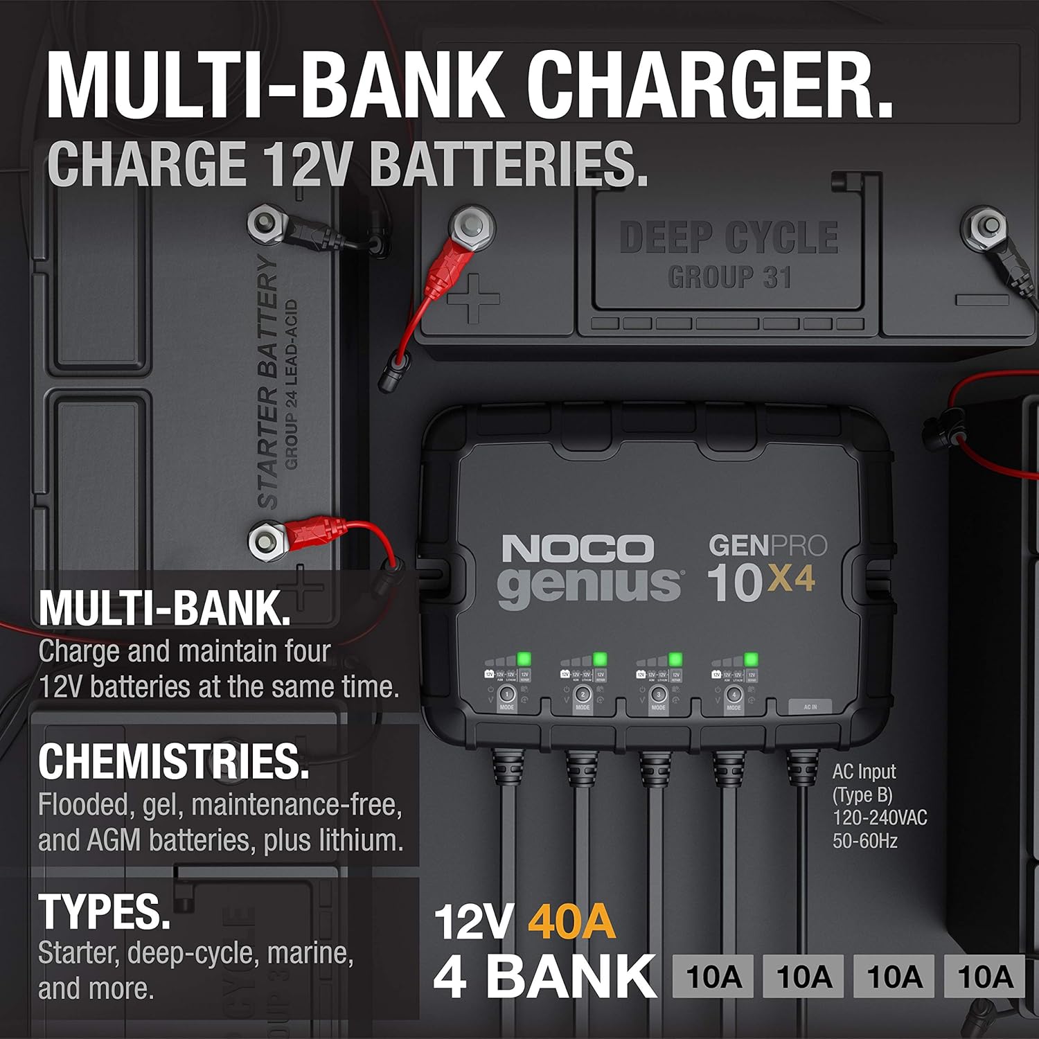 NOCO Genius GENPRO10X4: 4-Bank, 40A Onboard Battery Charger - 10A Per Bank, 12V Waterproof Marine Charger with Overcharge Protection & Temperature Compensation – for Lead-Acid & Lithium Batteries