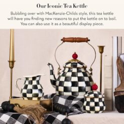 MACKENZIE-CHILDS Enamel Tea Kettle, Stylish Tea Kettle for Stovetop, Black-and-White Courtly Check, 2 Quarts