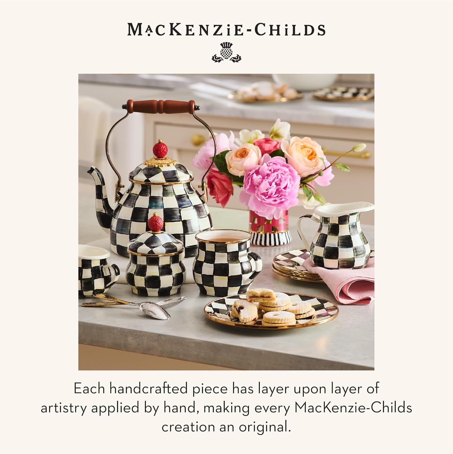 MACKENZIE-CHILDS Enamel Tea Kettle, Stylish Tea Kettle for Stovetop, Black-and-White Courtly Check, 2 Quarts