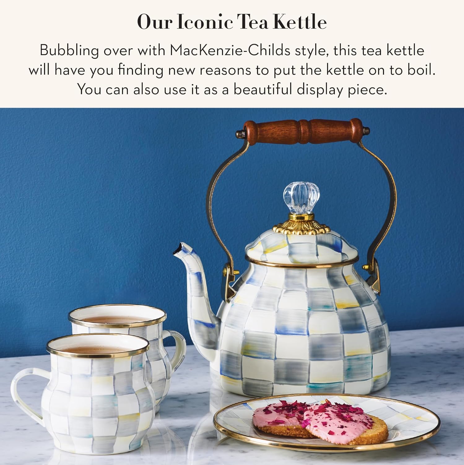 MACKENZIE-CHILDS Enamel Tea Kettle, Stylish Tea Kettle for Stovetop, Grey-and-White Sterling Check, 2 Quarts