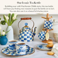 MACKENZIE-CHILDS Enamel Tea Kettle, Stylish Tea Kettle for Stovetop, Blue-and-White Royal Check, 2 Quarts
