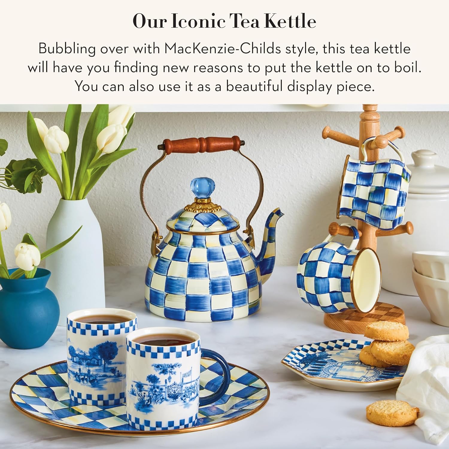 MACKENZIE-CHILDS Enamel Tea Kettle, Stylish Tea Kettle for Stovetop, Blue-and-White Royal Check, 2 Quarts