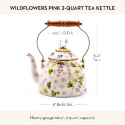 MACKENZIE-CHILDS Enamel Tea Kettle, Cute Kitchen Kettle for Stovetop, 2-Quart Capacity, Pink Wildflowers
