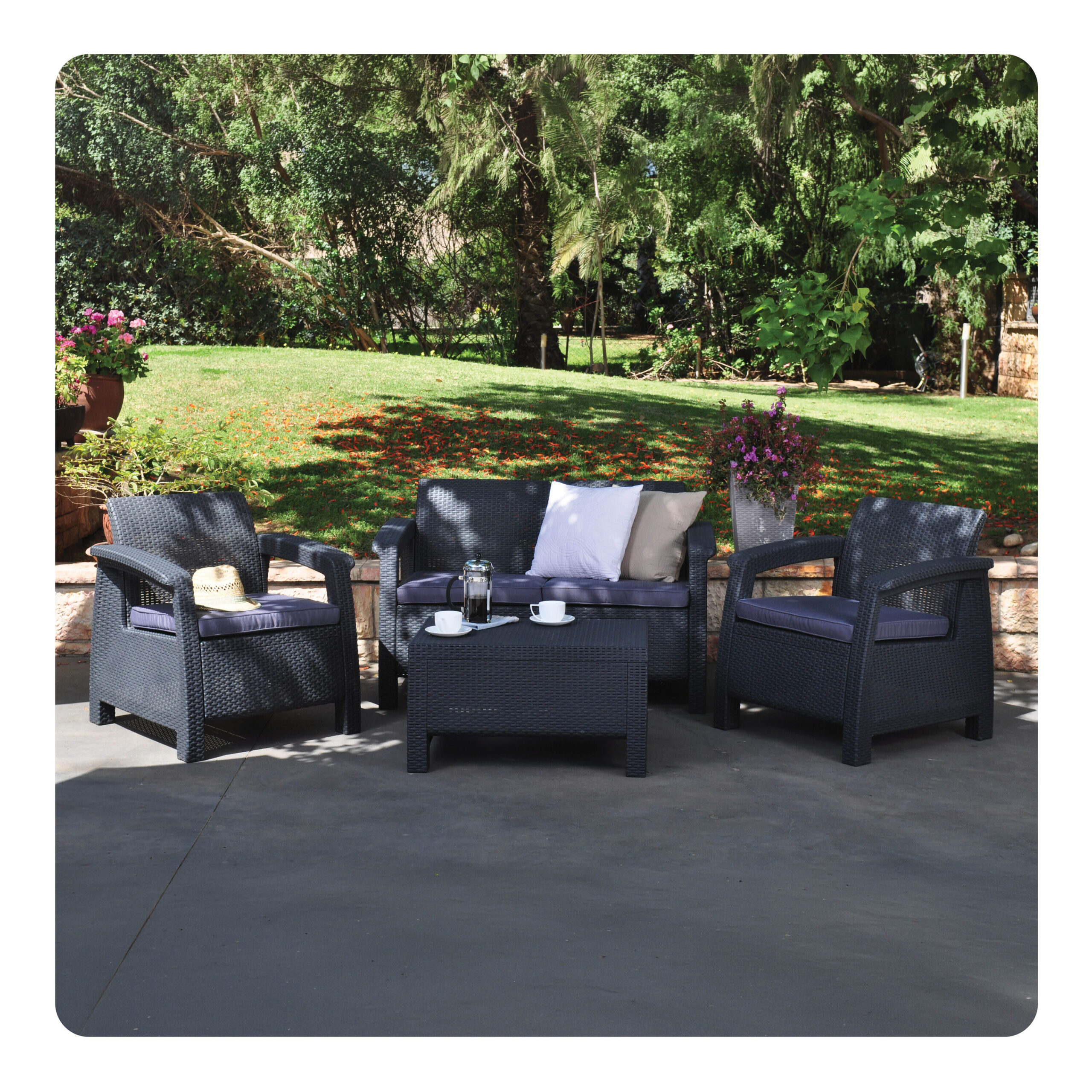 Keter Corfu All Weather Outdoor Patio Garden Furniture 4 -Piece Patio Conversation Set with Gray Cushions