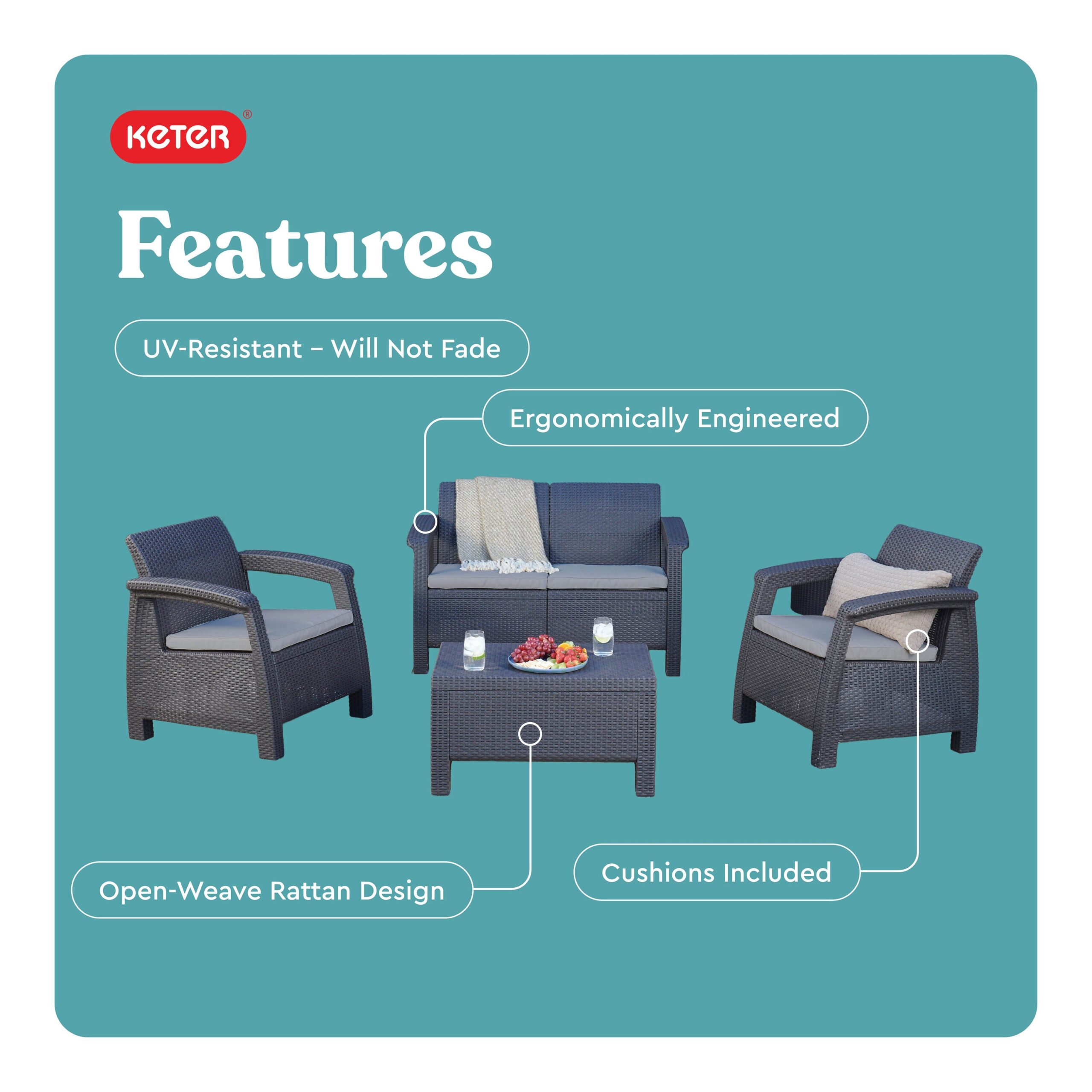 Keter Corfu All Weather Outdoor Patio Garden Furniture 4 -Piece Patio Conversation Set with Gray Cushions