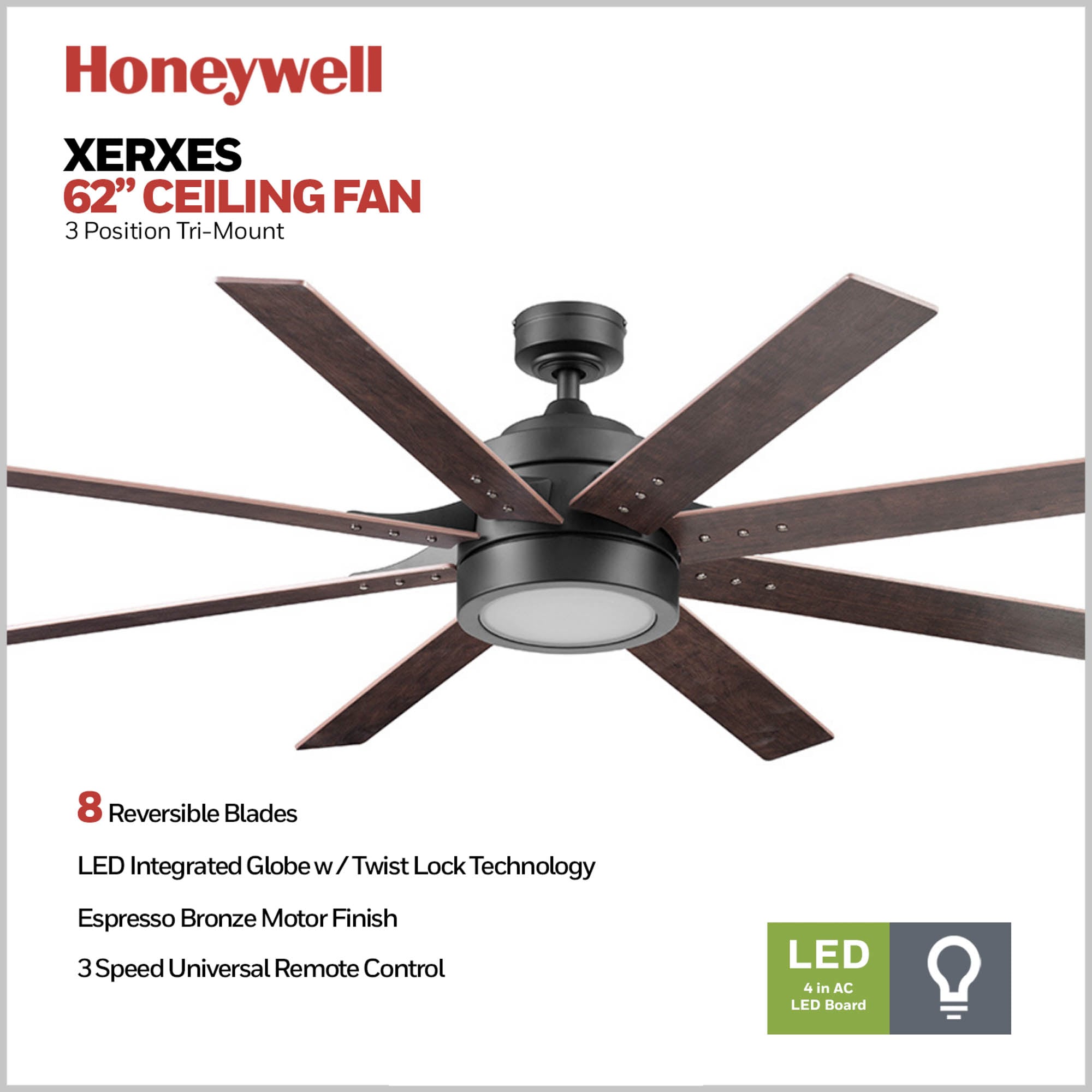 Honeywell Xerxes 62-in Bronze with Rough Pine/Dark Elm Blades Ceiling Fan With Light and Remote Control Included 8 -Blade