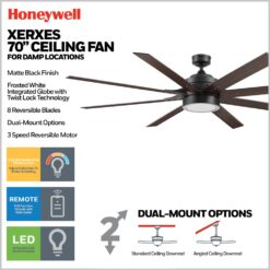 Honeywell Xerxes 70-in Matte Black with Walnut/Black Blades Adjustable White Covered Outdoor Ceiling Fan With Light and Remote Control Included 8 -Blade