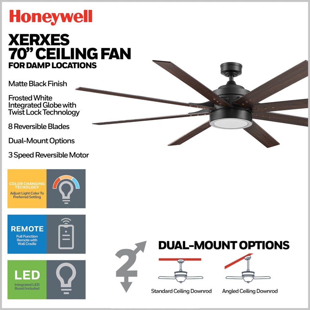 Honeywell Xerxes 70-in Matte Black with Walnut/Black Blades Adjustable White Covered Outdoor Ceiling Fan With Light and Remote Control Included 8 -Blade