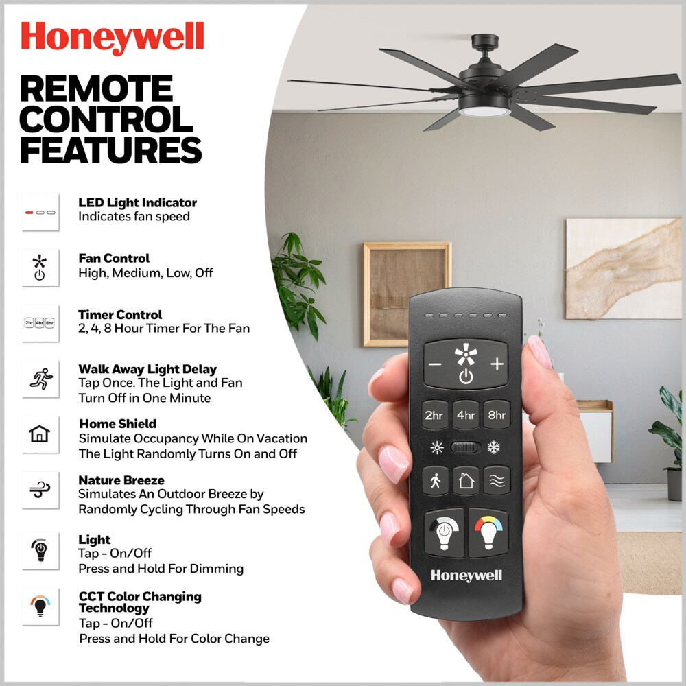 Honeywell Xerxes 70-in Matte Black with Walnut/Black Blades Adjustable White Covered Outdoor Ceiling Fan With Light and Remote Control Included 8 -Blade