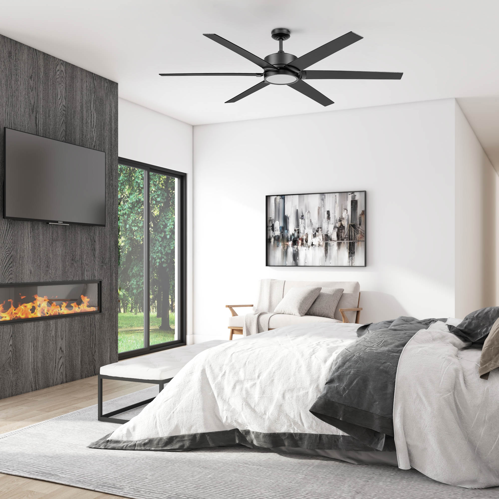 Honeywell Talbert 70-in Matte Black with Matte Black Blades LED Ceiling Fan With Light and Remote Control Included 6 -Blade