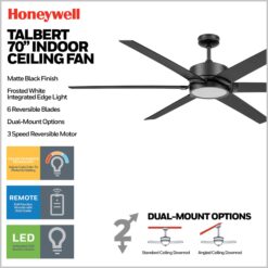 Honeywell Talbert 70-in Matte Black with Matte Black Blades LED Ceiling Fan With Light and Remote Control Included 6 -Blade