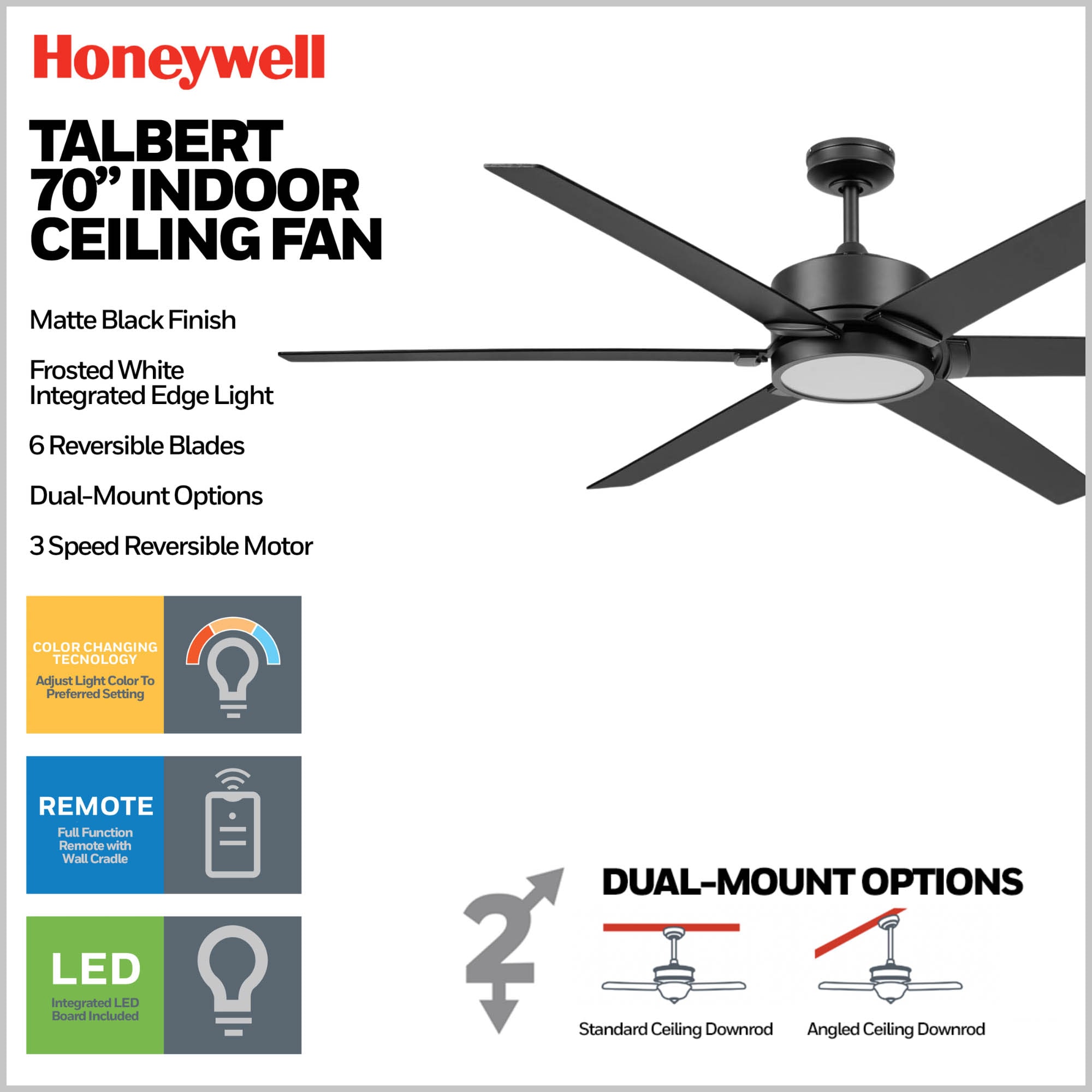 Honeywell Talbert 70-in Matte Black with Matte Black Blades LED Ceiling Fan With Light and Remote Control Included 6 -Blade