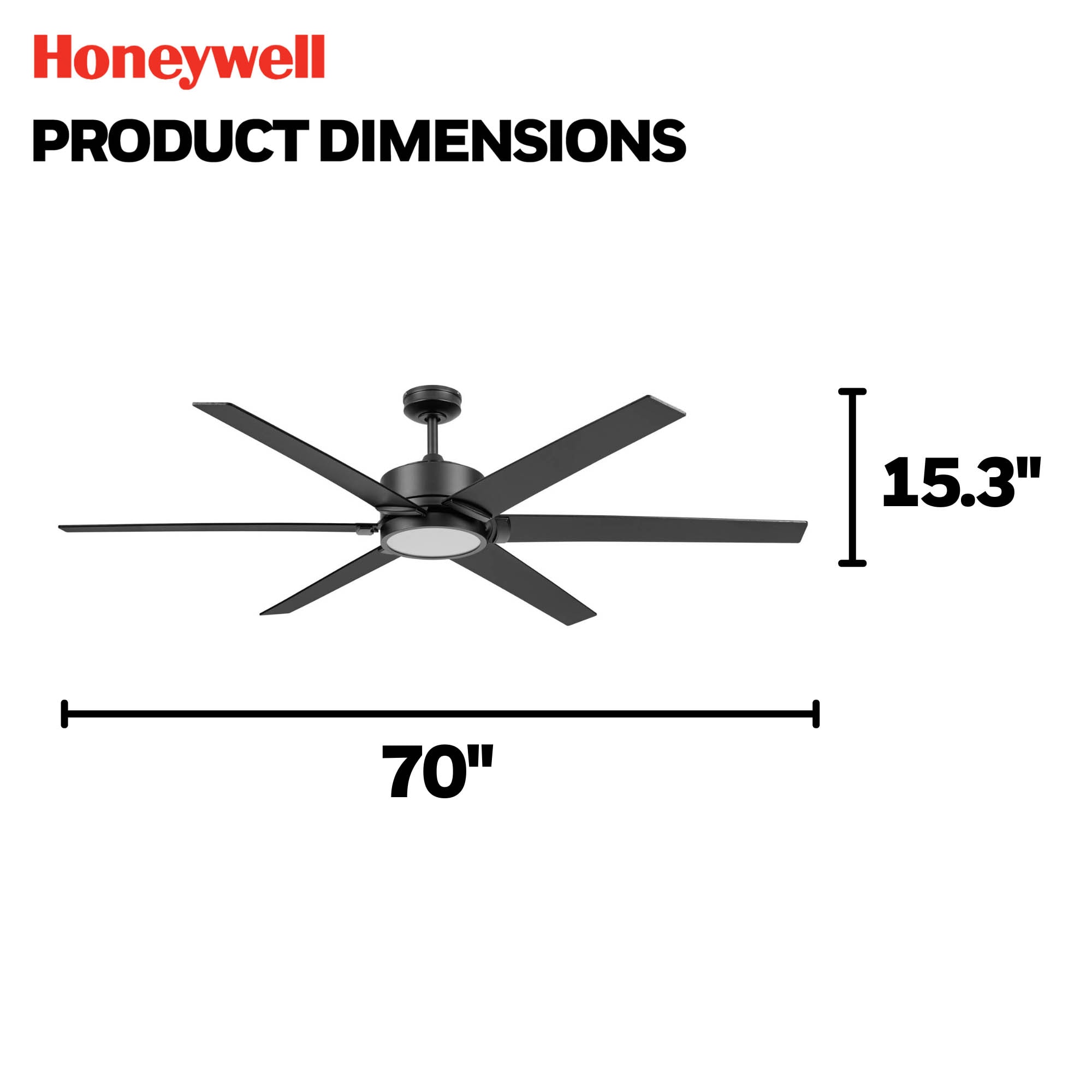 Honeywell Talbert 70-in Matte Black with Matte Black Blades LED Ceiling Fan With Light and Remote Control Included 6 -Blade