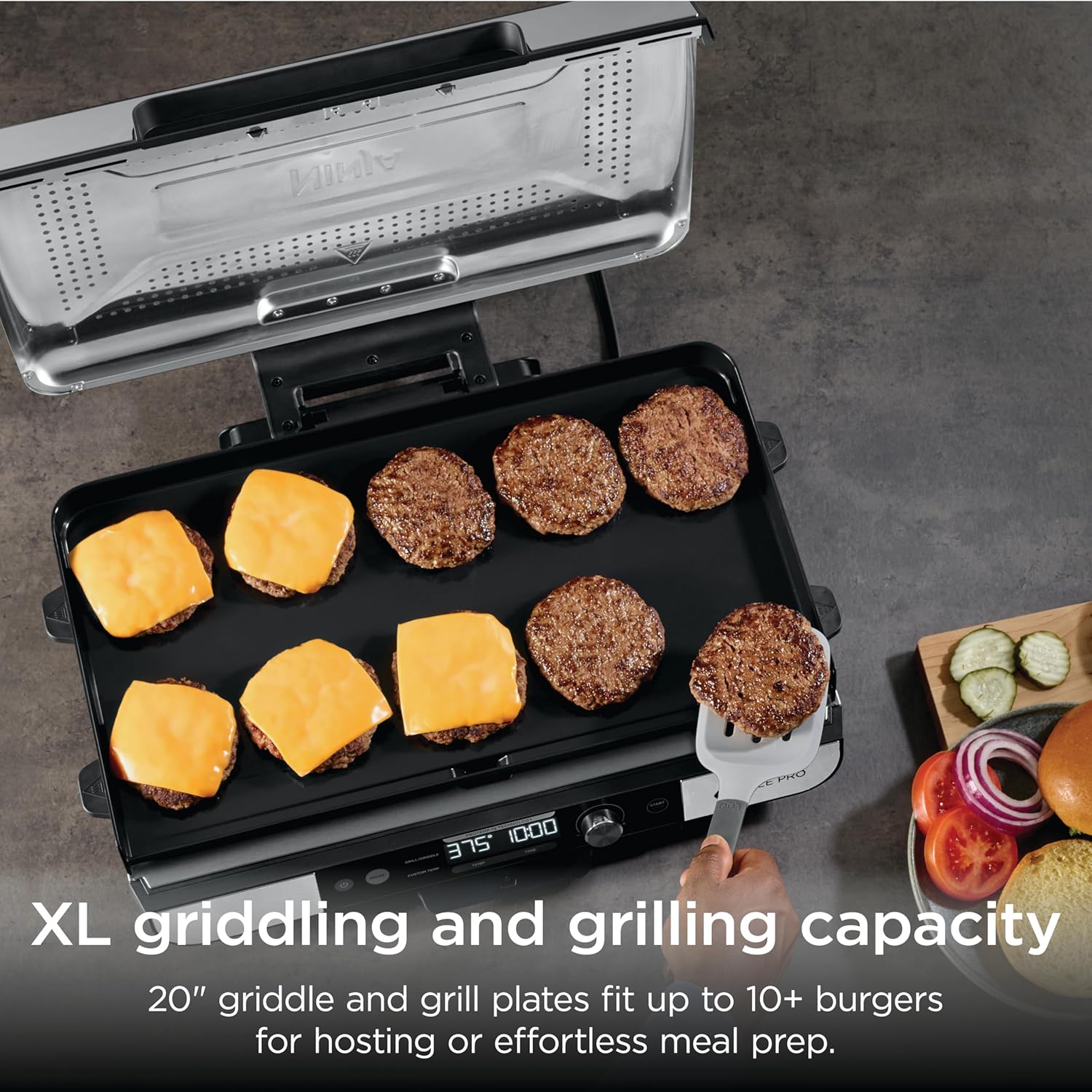 Ninja Sizzle Pro XL 20-Inch Indoor Griddle + Grill, Detachable Ventilated Lid, Silver, GX101