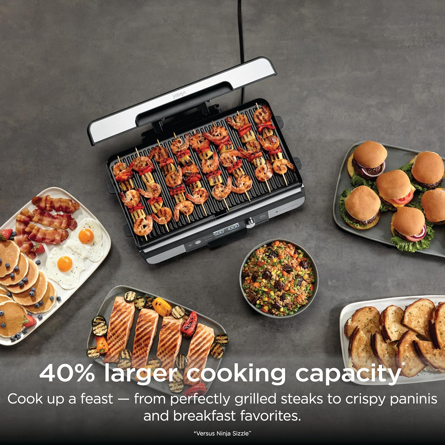 Ninja Sizzle Pro XL 20-Inch Indoor Griddle + Grill, Detachable Ventilated Lid, Silver, GX101
