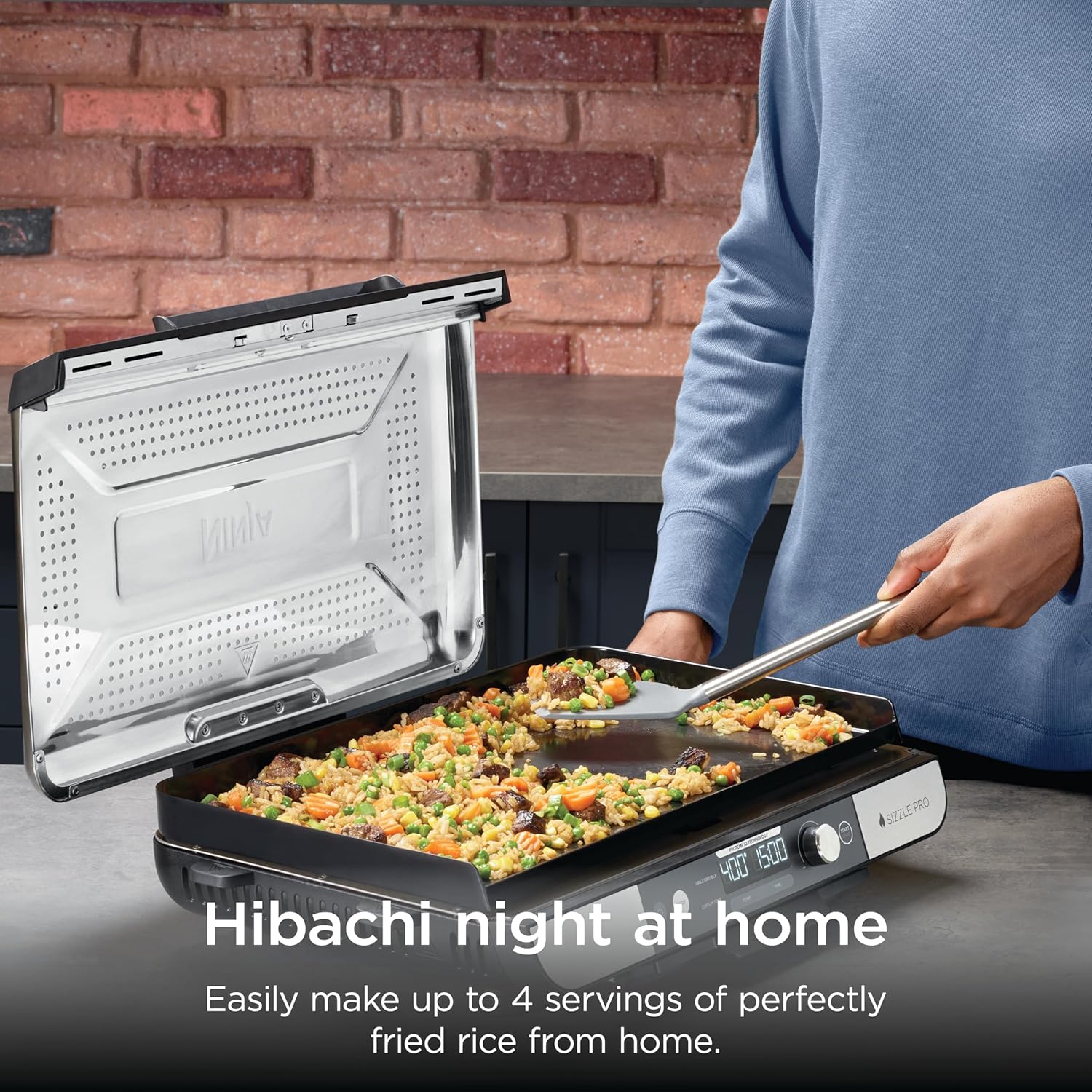 Ninja Sizzle Pro XL 20-Inch Indoor Griddle + Grill, Detachable Ventilated Lid, Silver, GX101