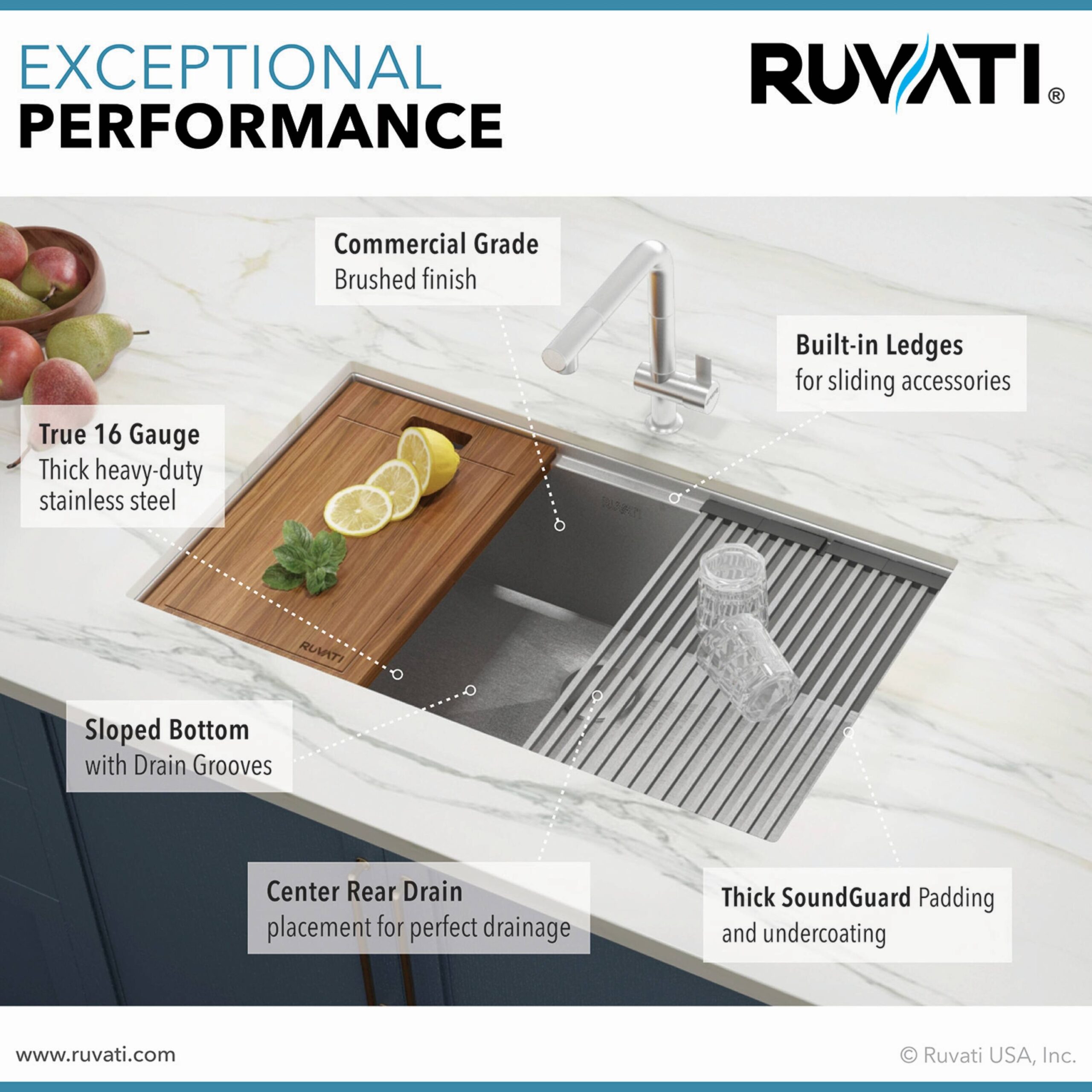Ruvati Roma Undermount 33-in x 19-in Stainless steel Single bowl 16 -Gauge Workstation Kitchen Sink