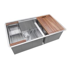 Ruvati Roma Undermount 33-in x 19-in Stainless steel Double offset bowl 16 -Gauge Workstation Kitchen Sink