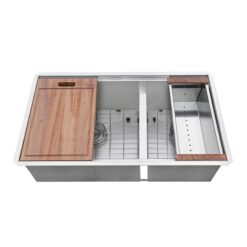Ruvati Roma Undermount 33-in x 19-in Stainless steel Double offset bowl 16 -Gauge Workstation Kitchen Sink