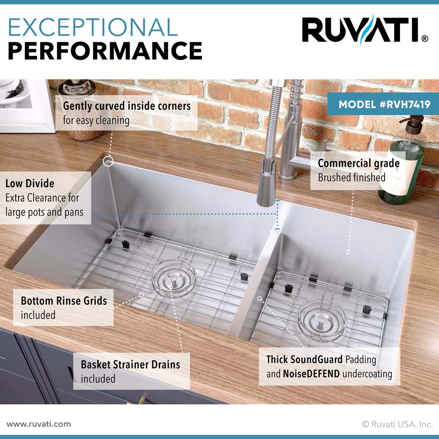 Ruvati Urbana Undermount 33-in x 19-in Stainless steel Double offset bowl 16 -Gauge Kitchen Sink
