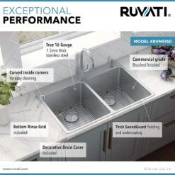 Ruvati Modena Drop-in 33-in x 22-in Stainless steel Double equal bowl 16 -Gauge Kitchen Sink