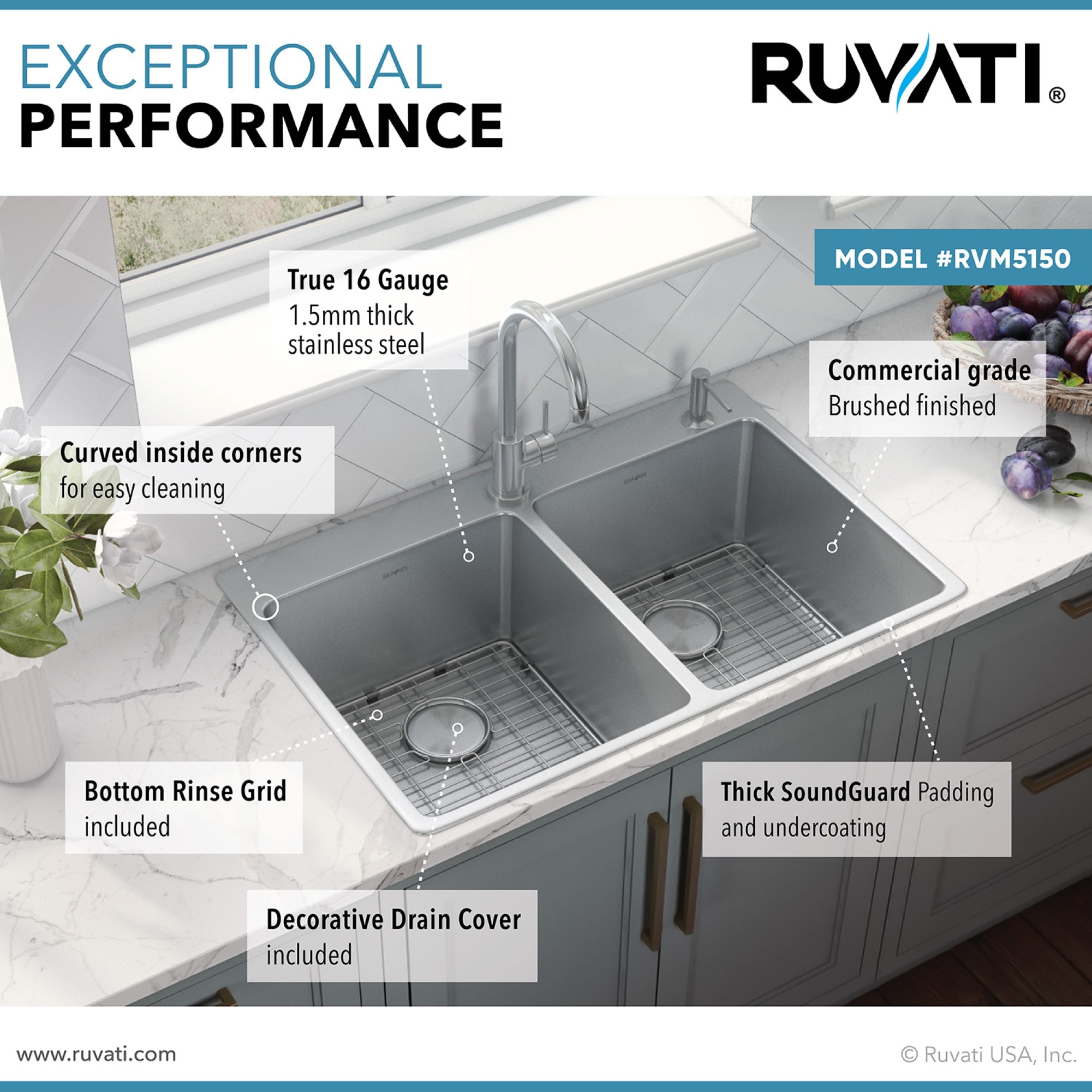 Ruvati Modena Drop-in 33-in x 22-in Stainless steel Double equal bowl 16 -Gauge Kitchen Sink