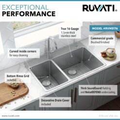 Ruvati Modena Drop-in 33-in x 22-in Stainless steel Double offset bowl 16 -Gauge Kitchen Sink