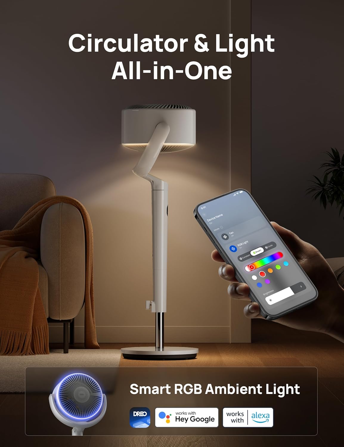 DREO Smart Fan for Bedroom, 120° +120° Omni-Directional Oscillating Fans, 100ft Quiet Pedestal Fan, White