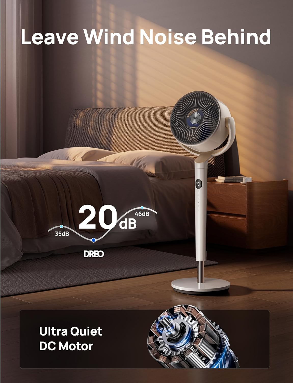 DREO Smart Fan for Bedroom, 120° +120° Omni-Directional Oscillating Fans, 100ft Quiet Pedestal Fan, White