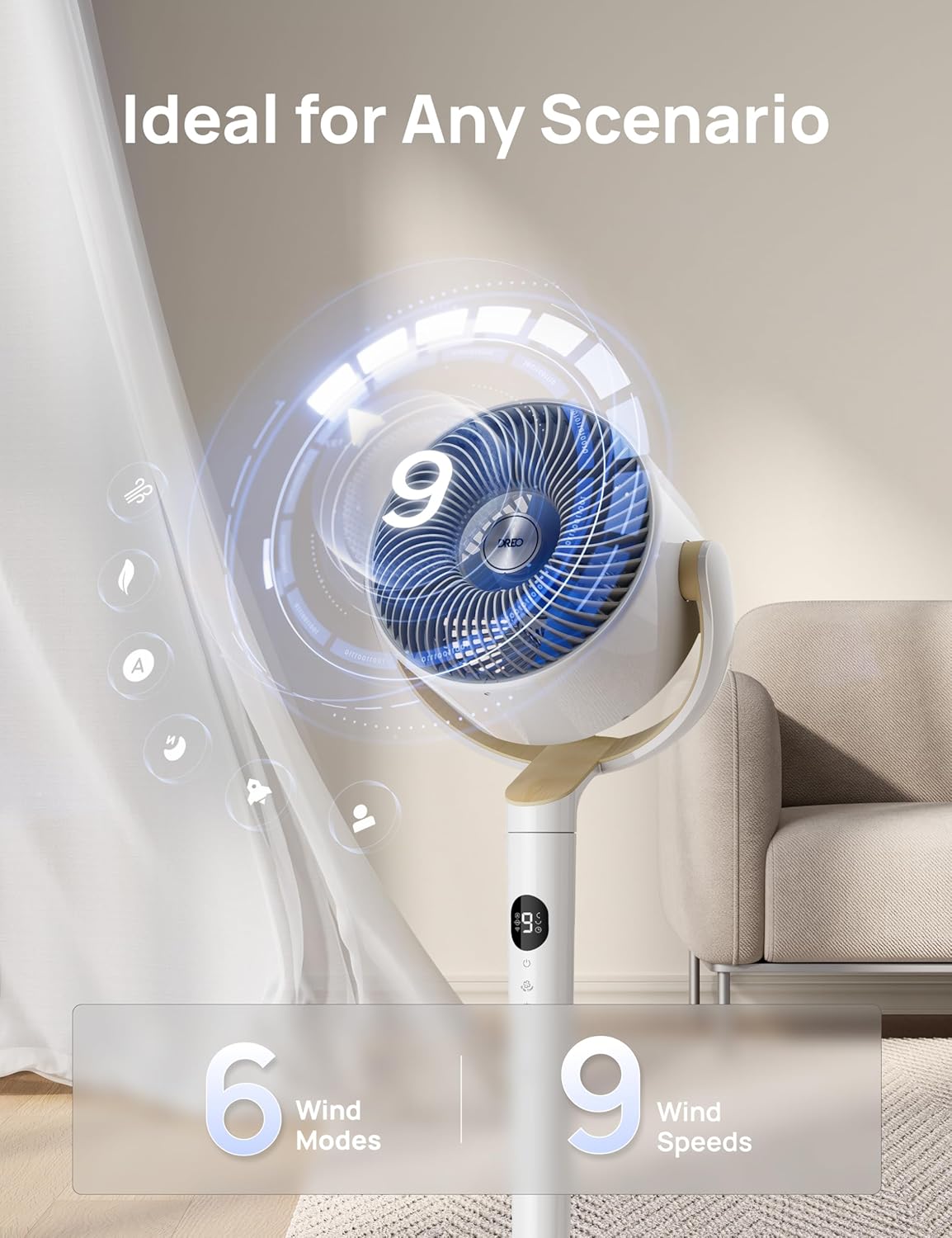 DREO Smart Fan for Bedroom, 120° +120° Omni-Directional Oscillating Fans, 100ft Quiet Pedestal Fan, White