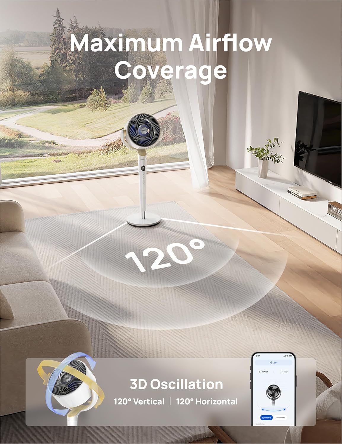 DREO Smart Fan for Bedroom, 120° +120° Omni-Directional Oscillating Fans, 100ft Quiet Pedestal Fan, White