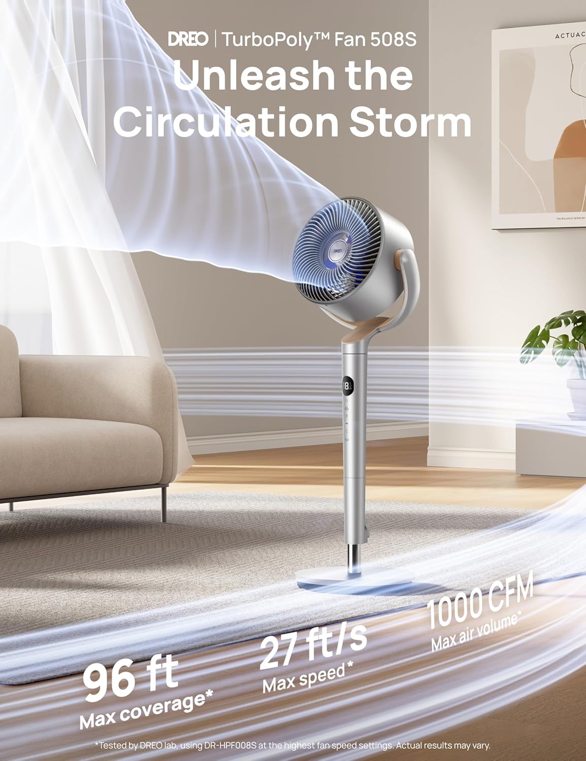 DREO Smart Fans for Bedroom, 120° +120° Omni-Directional Oscillating Fan, 100ft Quiet Pedestal Fan, Silver