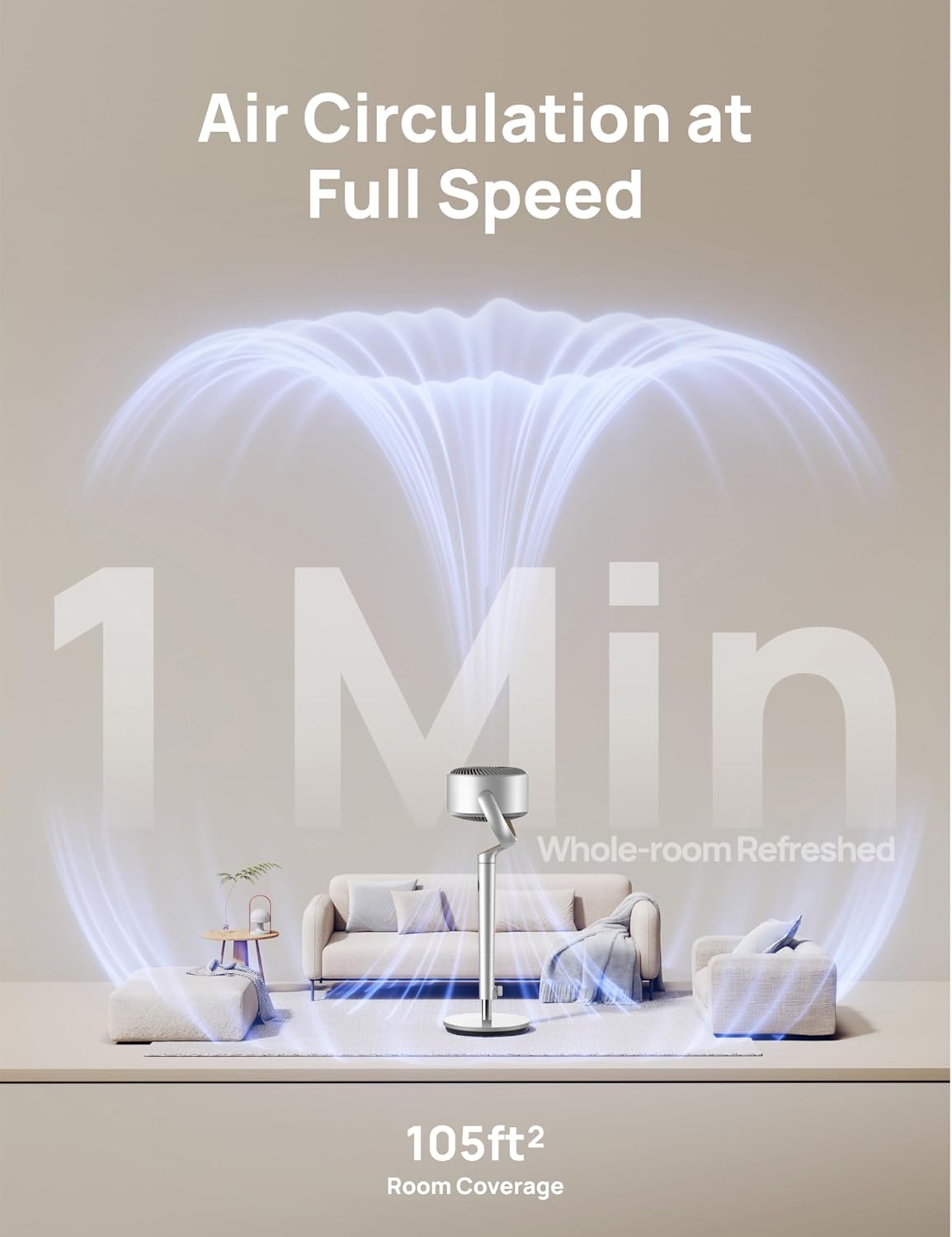 DREO Smart Fans for Bedroom, 120° +120° Omni-Directional Oscillating Fan, 100ft Quiet Pedestal Fan, Silver