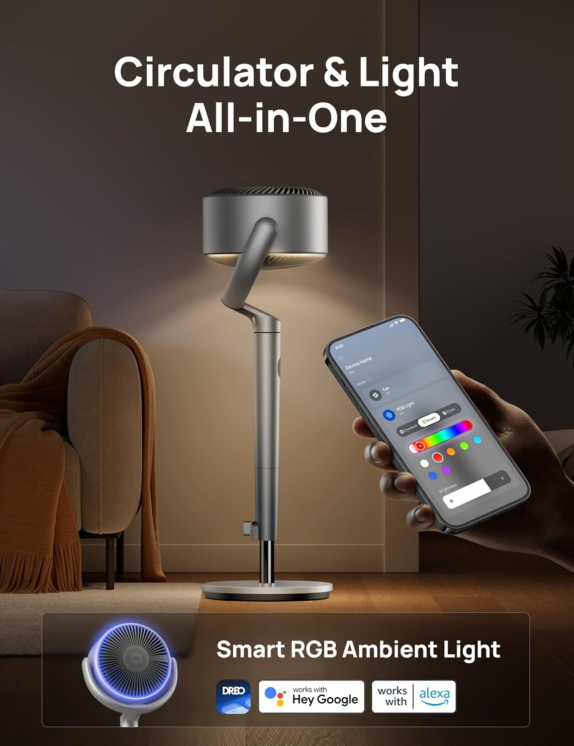 DREO Smart Fans for Bedroom, 120° +120° Omni-Directional Oscillating Fan, 100ft Quiet Pedestal Fan, Silver