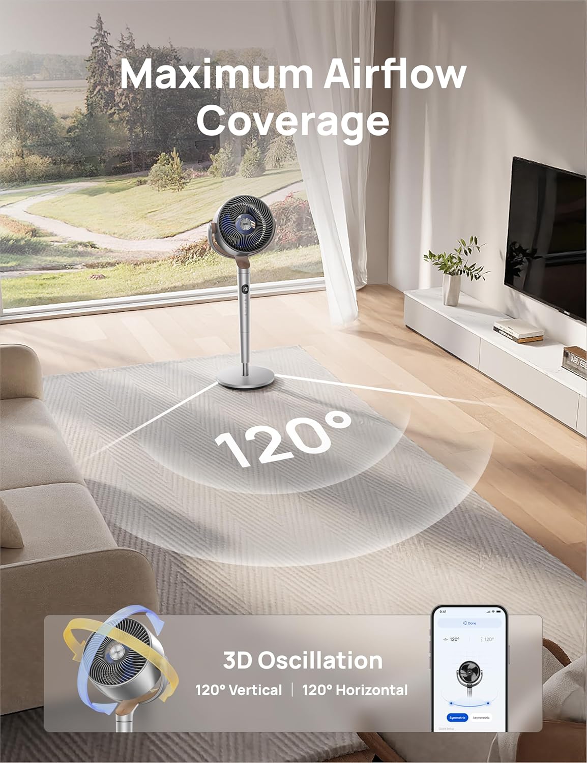 DREO Smart Fans for Bedroom, 120° +120° Omni-Directional Oscillating Fan, 100ft Quiet Pedestal Fan, Silver