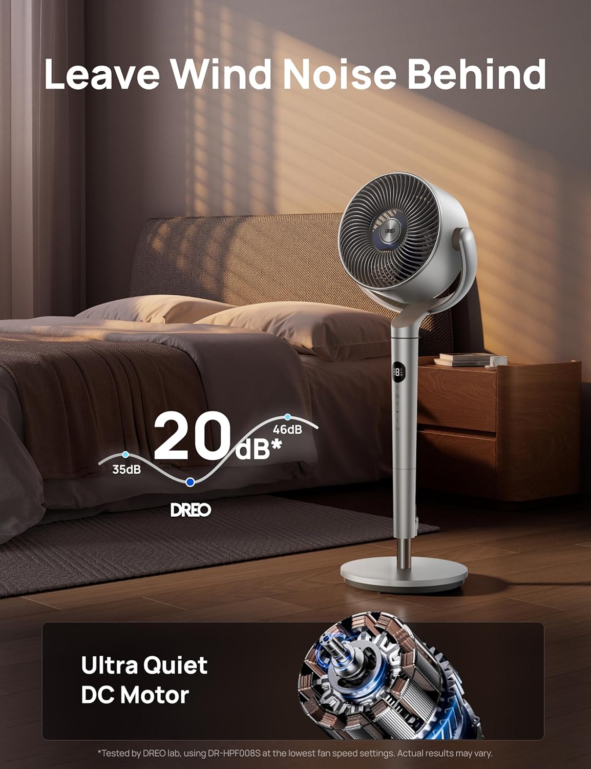 DREO Smart Fans for Bedroom, 120° +120° Omni-Directional Oscillating Fan, 100ft Quiet Pedestal Fan, Silver