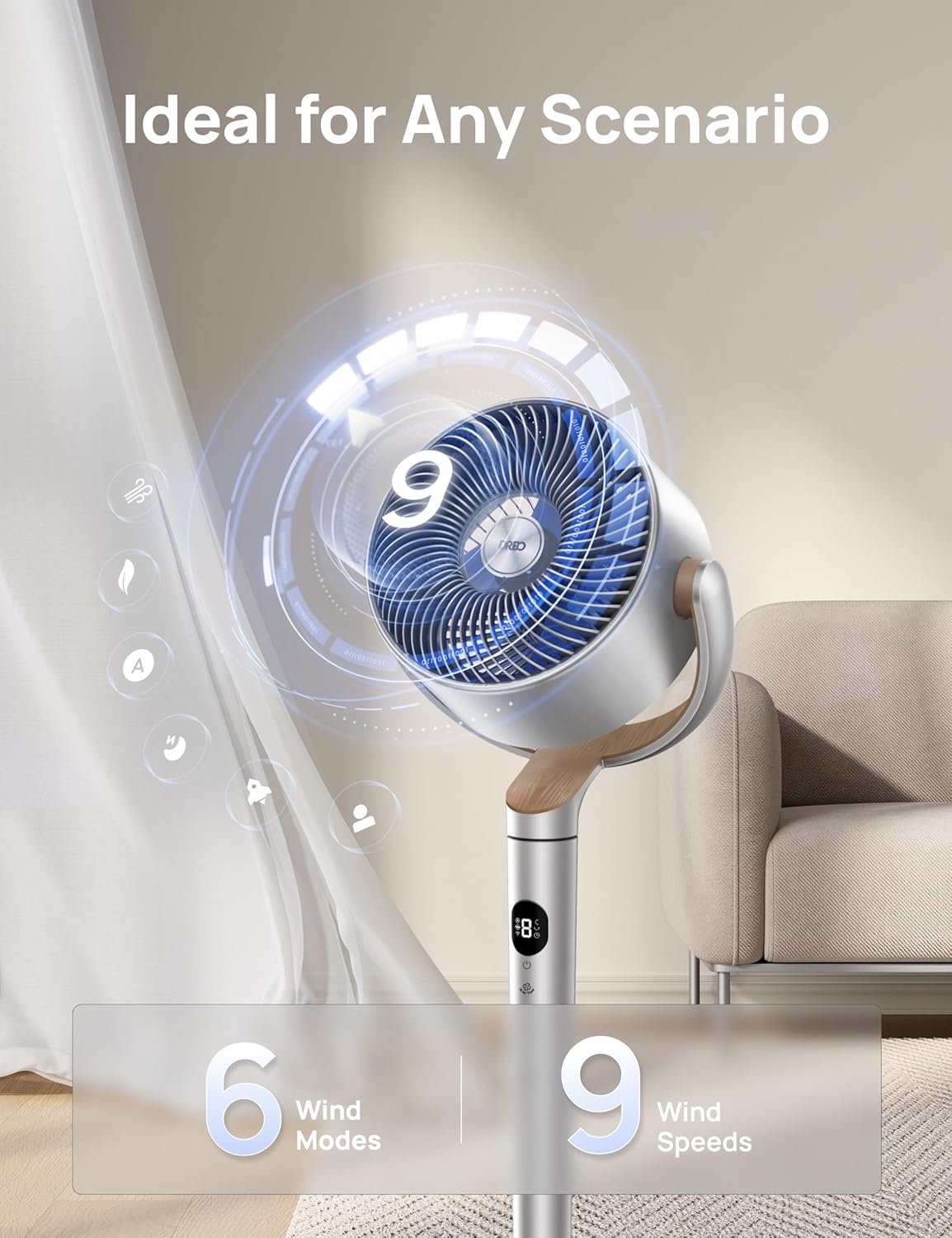 DREO Smart Fans for Bedroom, 120° +120° Omni-Directional Oscillating Fan, 100ft Quiet Pedestal Fan, Silver